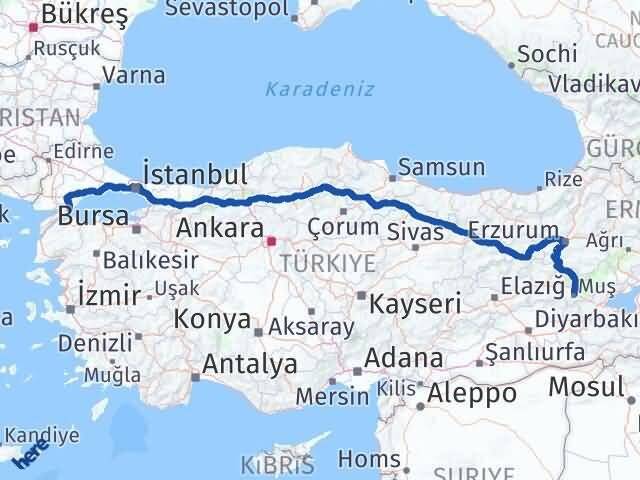 Tekirdağ Şarköy Muş Arası Kaç Km - Yol Haritası