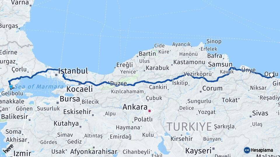 Tekirdağ Şarköy Ordu Arası Kaç Km - Yol Haritası