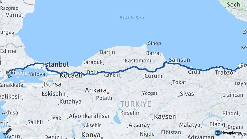 Tekirdağ Şarköy Rize Arası Kaç Km - Yol Haritası