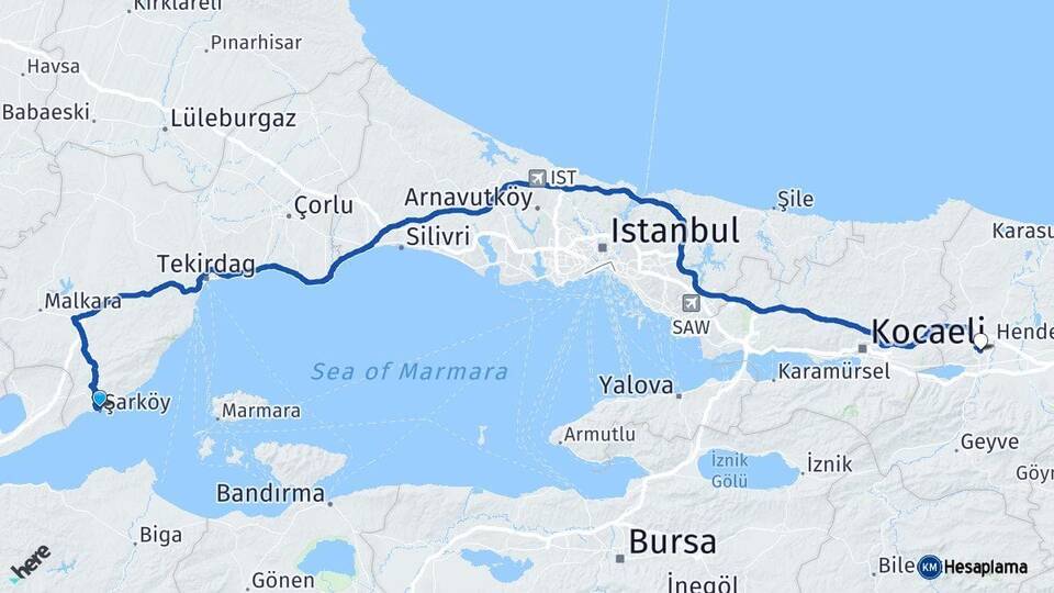 Tekirdağ Şarköy Sakarya Arası Kaç Km - Yol Haritası