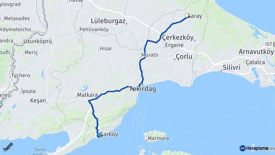 Tekirdağ Şarköy Saray Arası Kaç Km - Yol Haritası