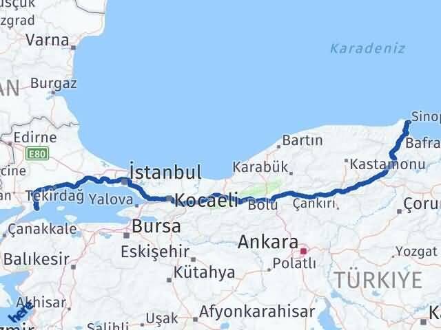 Tekirdağ Şarköy Sinop Arası Kaç Km - Yol Haritası