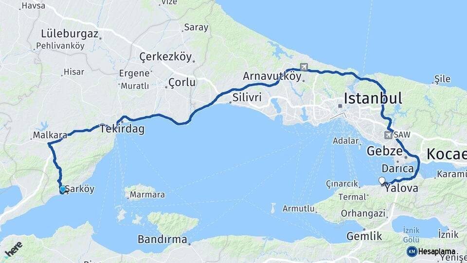 Tekirdağ Şarköy Yalova Arası Kaç Km - Yol Haritası