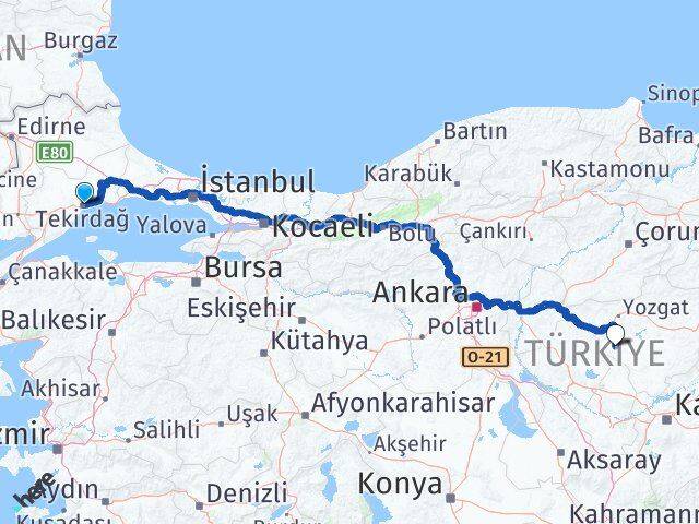 Tekirdağ Şefaatli Yozgat Arası Kaç Km - Yol Haritası