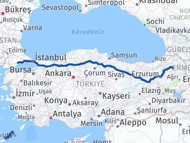 Tekirdağ Şenkaya Erzurum Arası Kaç Km - Yol Haritası