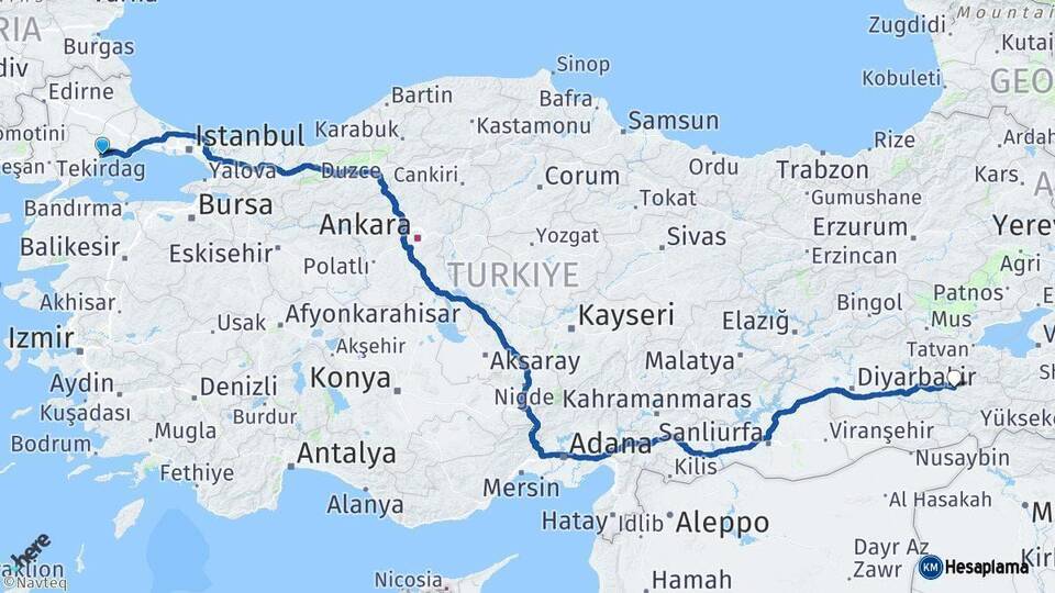 Tekirdağ Siirt Arası Kaç Km - Yol Haritası