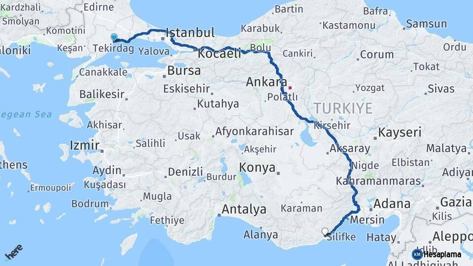 Tekirdağ Silifke Mersin Arası Kaç Km - Yol Haritası