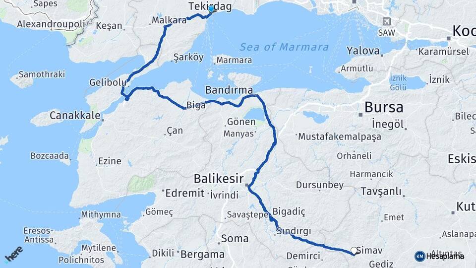Tekirdağ Simav Kütahya Arası Kaç Km - Yol Haritası