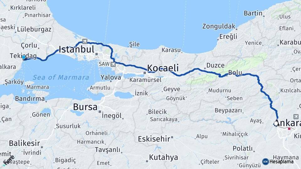 Tekirdağ Sincan Ankara Arası Kaç Km - Yol Haritası