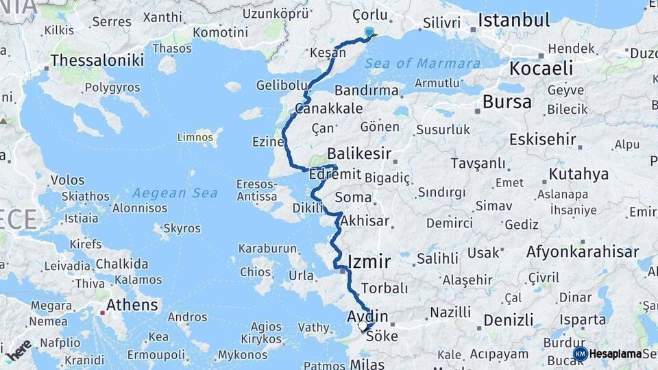 Tekirdağ Söke Aydın Arası Kaç Km - Yol Haritası
