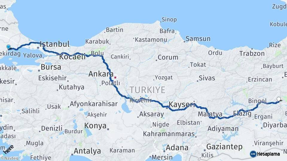 Tekirdağ Solhan Bingöl Arası Kaç Km - Yol Haritası