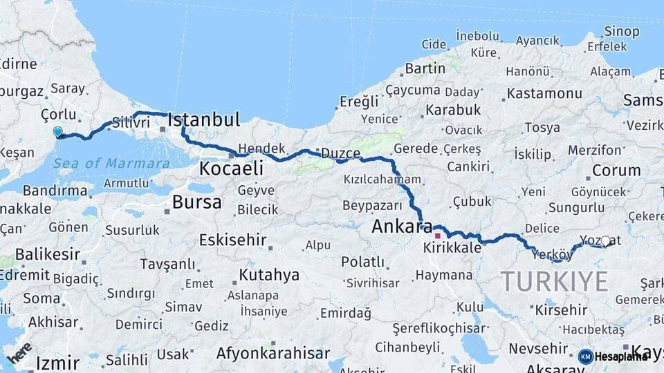 Tekirdağ Sorgun Yozgat Arası Kaç Km - Yol Haritası
