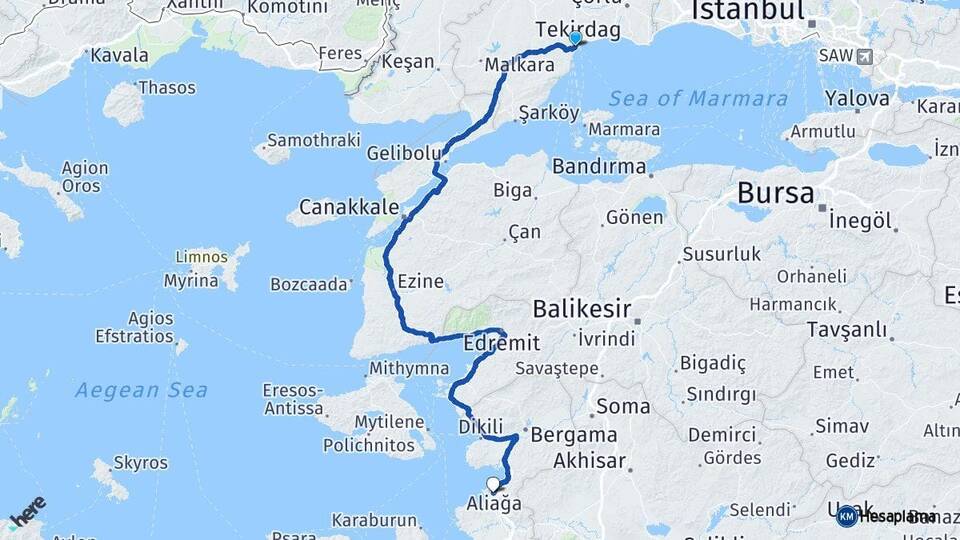 Tekirdağ Süleymanpaşa Aliağa İzmir Arası Kaç Km - Yol Haritası