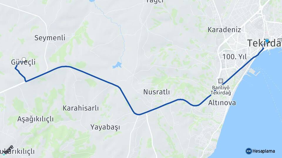 Tekirdağ Süleymanpaşa Güveçli Süleymanpaşa Arası Kaç Km - Yol Haritası