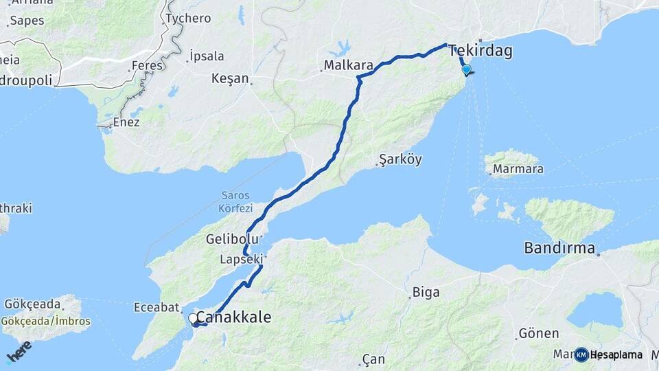 Tekirdağ Süleymanpaşa Kumbağ Çanakkale Arası Kaç Km - Yol Haritası