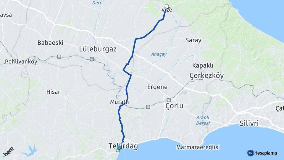 Tekirdağ Süleymanpaşa Vize Kırklareli Arası Kaç Km - Yol Haritası