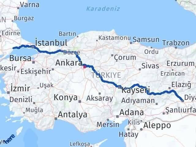 Tekirdağ Sur Diyarbakır Arası Kaç Km - Yol Haritası