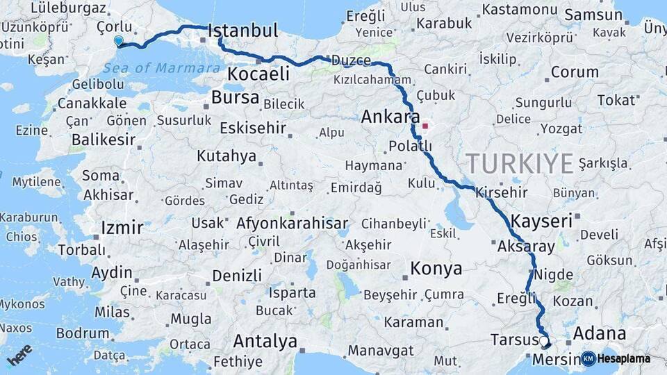 Tekirdağ Tarsus Mersin Arası Kaç Km - Yol Haritası
