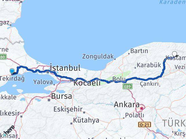 Tekirdağ Taşköprü Kastamonu Arası Kaç Km - Yol Haritası