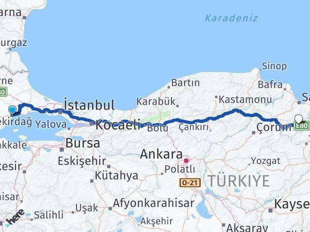 Tekirdağ Taşova Amasya Arası Kaç Km - Yol Haritası