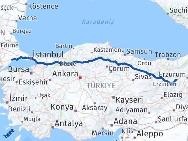 Tekirdağ Tercan Erzincan Arası Kaç Km - Yol Haritası