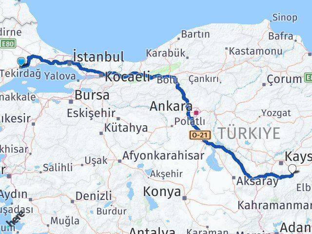 Tekirdağ Tomarza Kayseri Arası Kaç Km - Yol Haritası