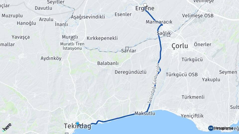 Tekirdağ Ulaş Ergene Arası Kaç Km - Yol Haritası