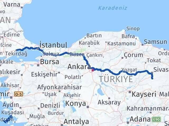 Tekirdağ Ulaş Sivas Arası Kaç Km - Yol Haritası