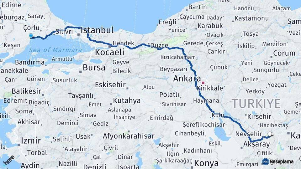 Tekirdağ Ürgüp Nevşehir Arası Kaç Km - Yol Haritası