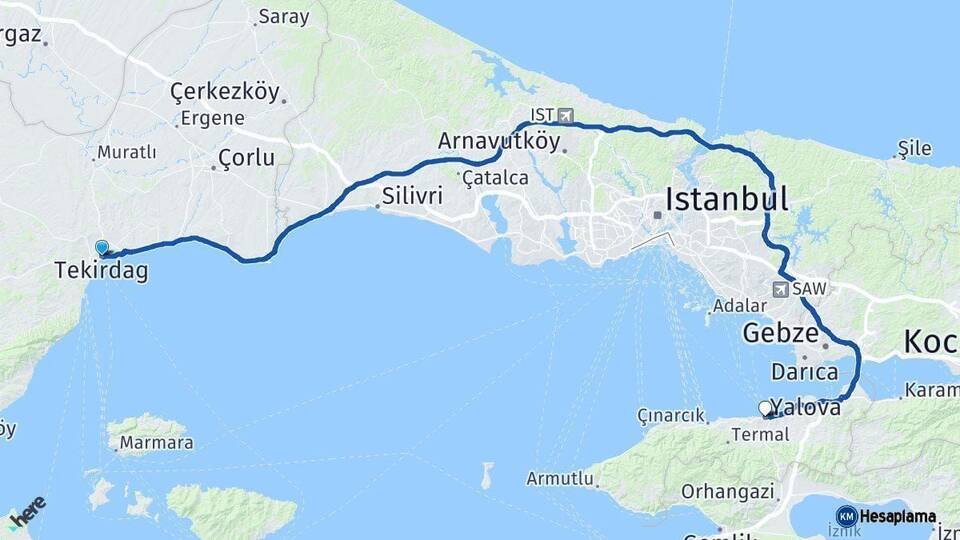 Tekirdağ Yalova Arası Kaç Km - Yol Haritası