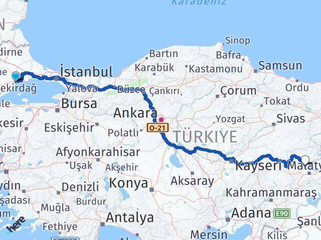 Tekirdağ Yazıhan Malatya Arası Kaç Km - Yol Haritası