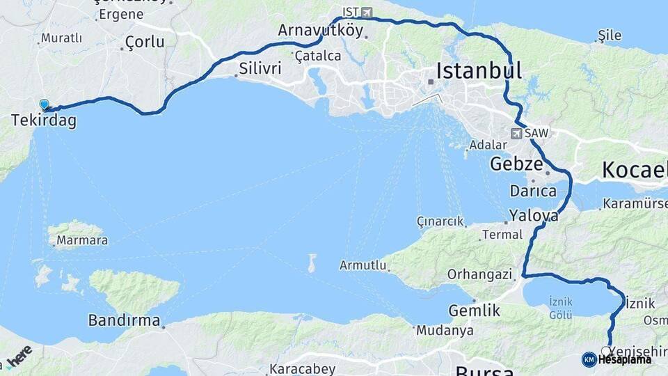 Tekirdağ Yenişehir Bursa Arası Kaç Km - Yol Haritası