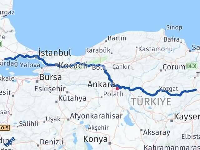 Tekirdağ Yıldızeli Sivas Arası Kaç Km - Yol Haritası