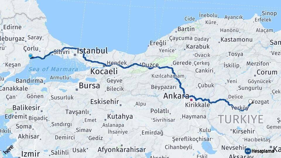 Tekirdağ Yozgat Arası Kaç Km - Yol Haritası