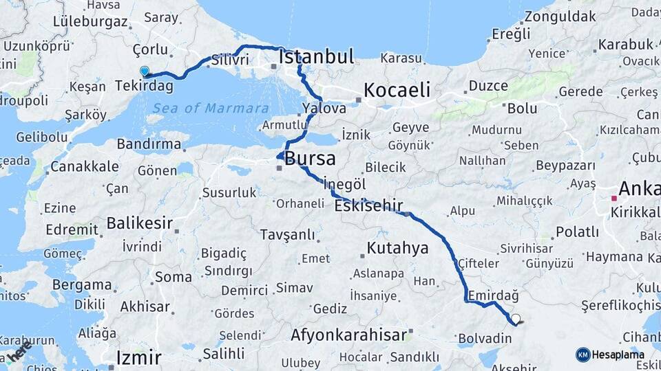 Tekirdağ Yunak Konya Arası Kaç Km - Yol Haritası