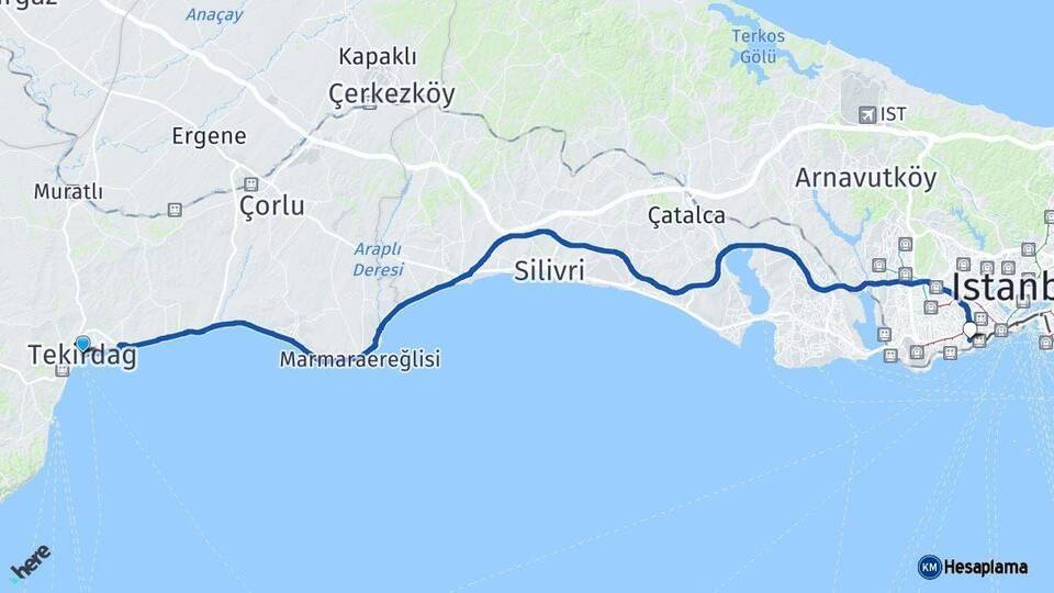Tekirdağ Zeytinburnu İstanbul Arası Kaç Km - Yol Haritası