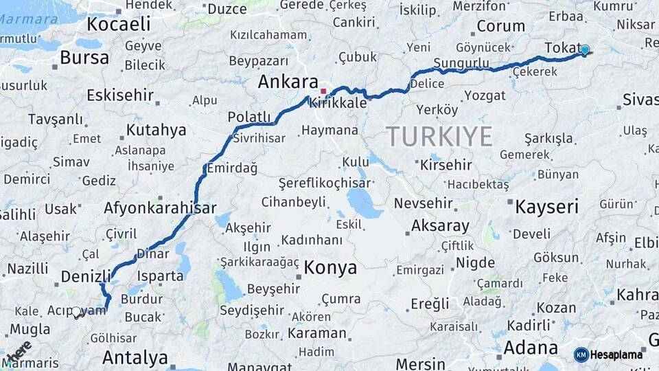 Tokat Acıpayam Denizli Arası Kaç Km - Yol Haritası
