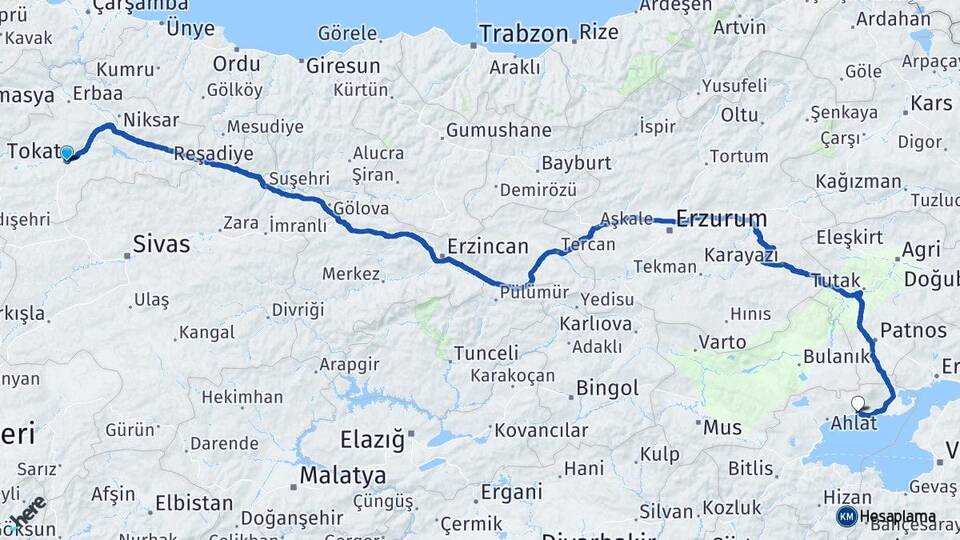 Tokat Adilcevaz Bitlis Arası Kaç Km - Yol Haritası