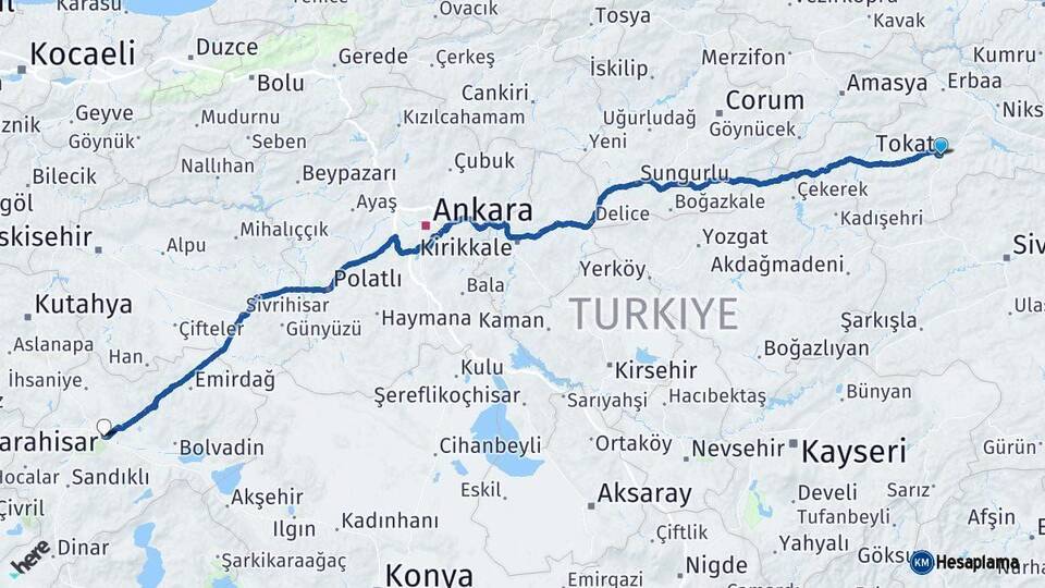 Tokat Afyonkarahisar Arası Kaç Km - Yol Haritası