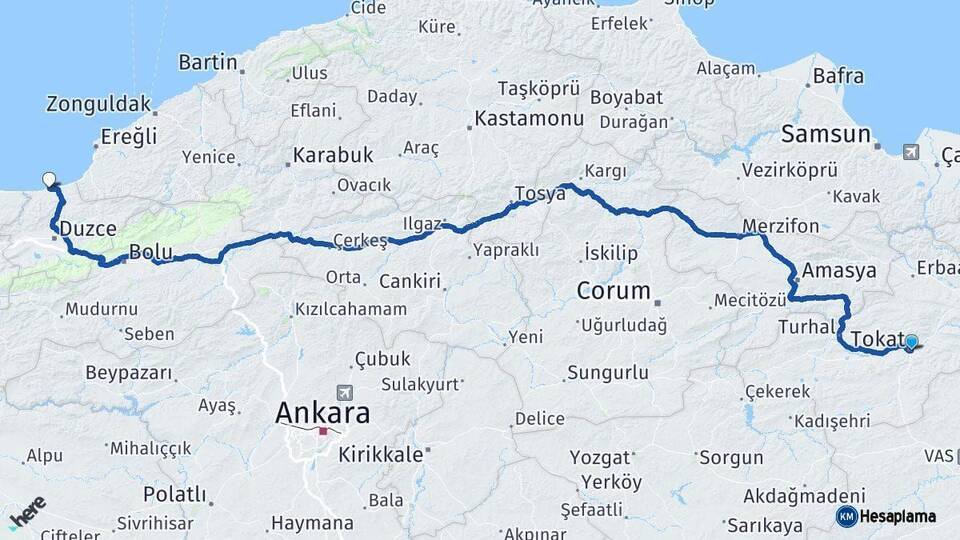 Tokat Akçakoca Düzce Arası Kaç Km - Yol Haritası