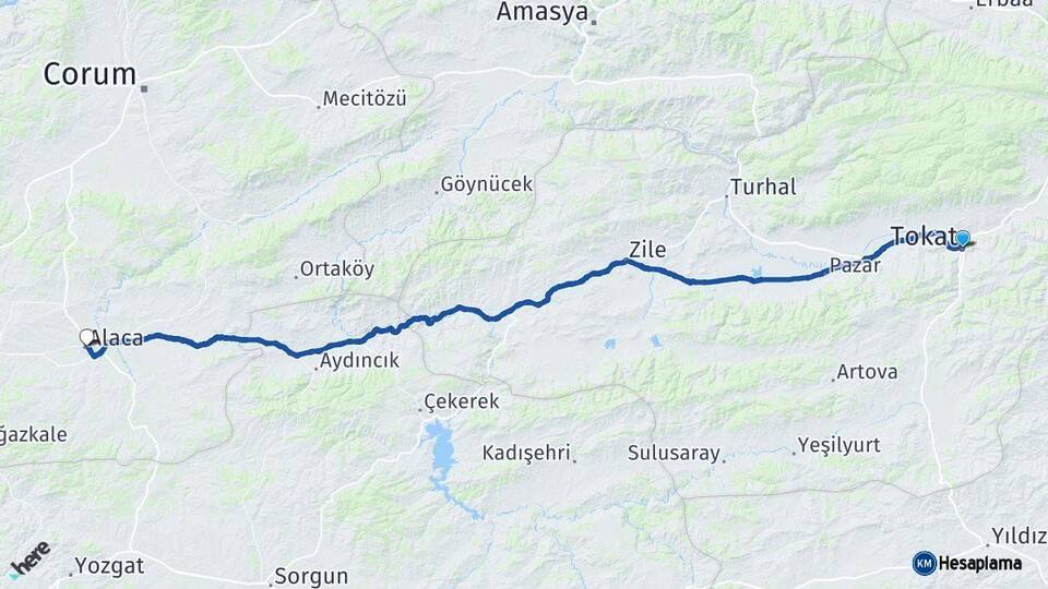 Tokat Alaca Çorum Arası Kaç Km - Yol Haritası
