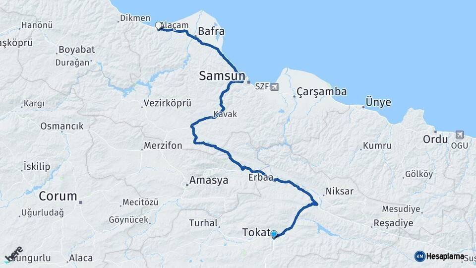 Tokat Alaçam Samsun Arası Kaç Km - Yol Haritası
