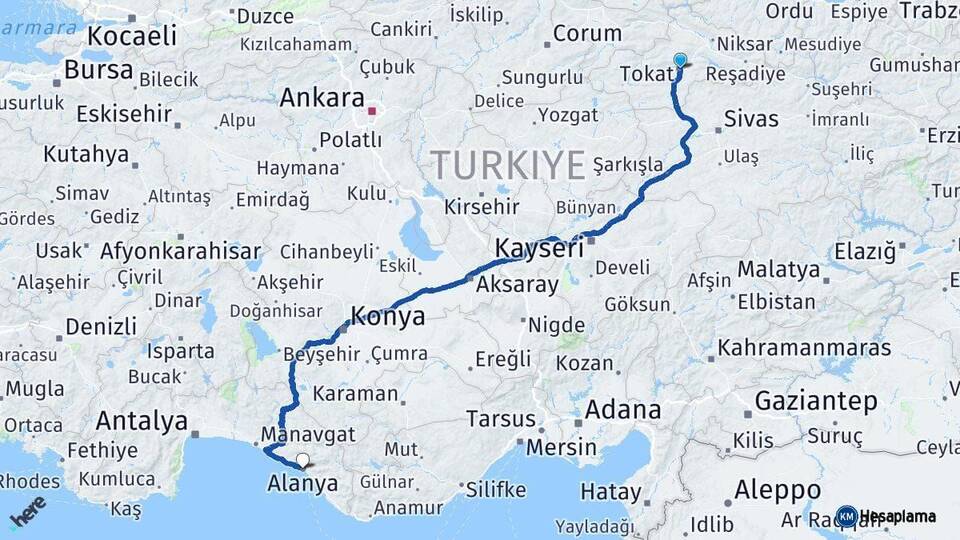 Tokat Alanya Antalya Arası Kaç Km - Yol Haritası