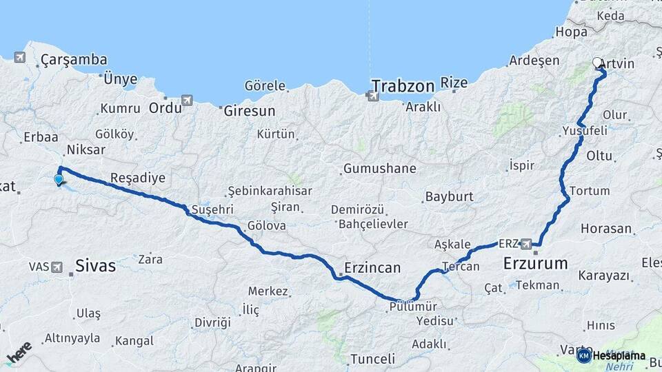 Tokat Almus Artvin Arası Kaç Km - Yol Haritası