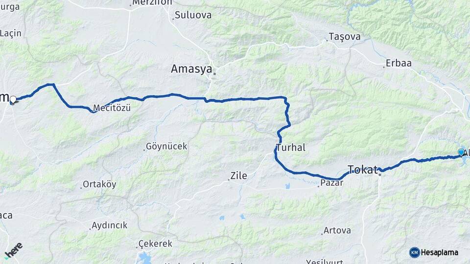 Tokat Almus Çorum Arası Kaç Km - Yol Haritası