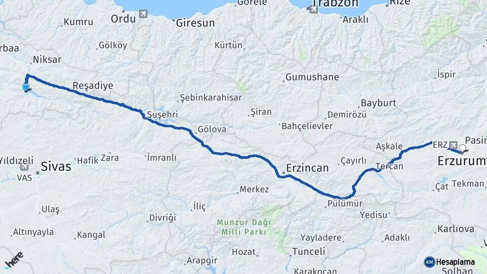 Tokat Almus Erzurum Arası Kaç Km - Yol Haritası