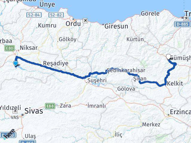 Tokat Almus Gümüşhane Arası Kaç Km - Yol Haritası