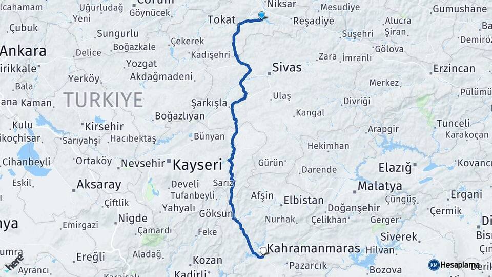 Tokat Almus Kahramanmaraş Arası Kaç Km - Yol Haritası
