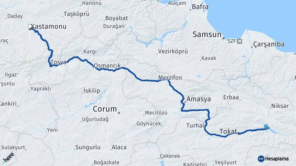 Tokat Almus Kastamonu Arası Kaç Km - Yol Haritası