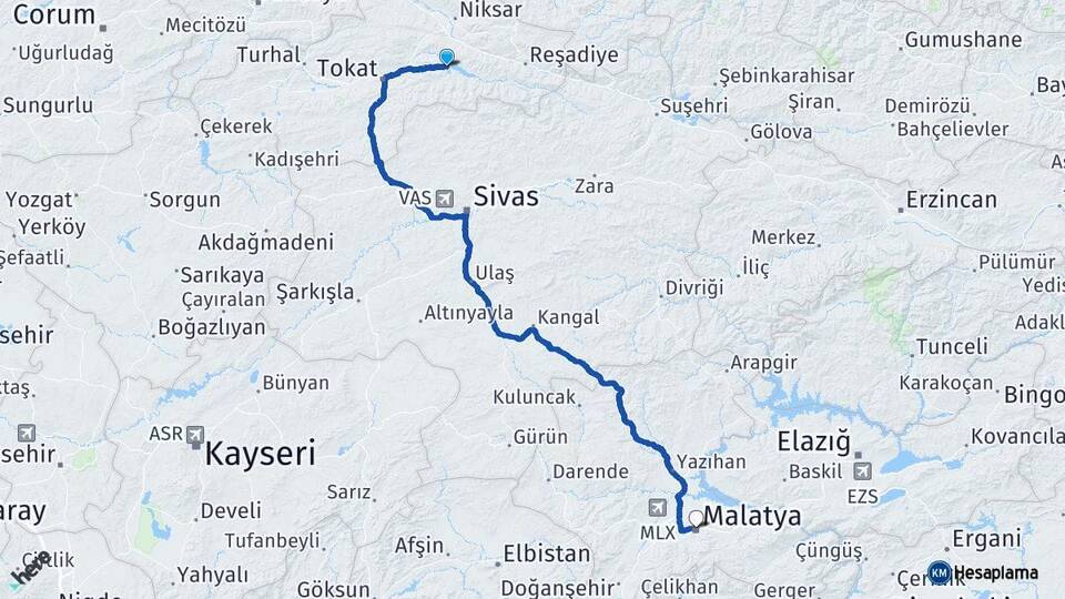 Tokat Almus Malatya Arası Kaç Km - Yol Haritası